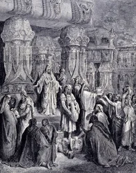 Kyros II den store (580 f.Kr. - 530 f.Kr.) befridde de fangne folkene ved sin ankomst til Babylon i 539 f.Kr. og ga det jødiske folket de hellige karene tilbake, som var blitt tatt som bytte fra tempelet i Jerusalem. Gravering av Gustave Doré.
