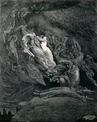 Dante og Vergil med Paolo og Francesca, illustrasjon til Inferno, sang V av Den guddommelige komedie av Dante Alighieri (1265-1321), av Gustave Doré (1832-1883)