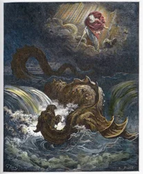 Ødeleggelse av Leviathan - Ødeleggelsen av Leviathan, det marine monsteret i Det gamle testamente - gravering i "" The Bible illustree"" av Gustave Dore (1832-1883) - Gravering fra "" The Dore Bible""
