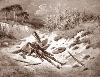 Don Quijote Etter å ha blitt slått, ber Quijote etter sin ideelle dame Dulcinea del Toboso Gravering av Gustave Dore (1832-1883) for "The Ingenieux Hidalgo Don Quijote de la Mancha (Quixotte - Quijote)" av Miguel av Cervantes (1547-16316) 1863 Pr