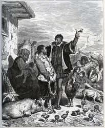 Don Quijote overtaler sin nabo Sancho Panza til å være hans ecuyer - fra «Don Quixote de la Mancha»» av Miguel Cervantes