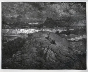 Don Quixote og Sancho Panza fortsetter sine eventyr i en fjellregion, Sierra Morena - fra "Don Quixote de la Mancha" av Miguel Cervantes (1547-1616) (Don Quixote) - Tresnitt etter tegning av Gustave Dore