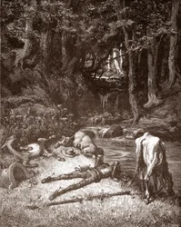 Don Quixote og Sancho Panza forfrisker dem ved en bekk Gravering av Gustave Dore (1832-1883) for "L'Ingenieux Hidalgo Don Quixote de la Manche (Quixotte - Quijote)" av Miguel de Cervantes (1547-1616) 1863 Privat samling