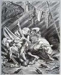 Don Quijote og en muldyrdriver kjemper om Maritornes, husholdersken, som Don Quijote tar for sin Dulcinea - fra Miguel de Cervantes