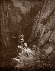 Don Quijote og Sancho Panza i hjertet av Sierra Morena Gravering av Gustave Dore (1832-1883) for "The Genious Noble Don Quijote of the Manche (Quixote - Quixote)" av Miguel de Cervantes (1547-1616) 1863 Privat samling