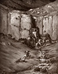 Don Quixote og sancho Panza ser en foss og støyende hover (Don Quixote og sancho Panza ser en foss og støyende hover) Gravering av Gustave Dore (1832-1883) for "The Ingenieux Hidalgo Don Quixote de la Mancha (Quixotte - Quijote)" av Miguel de Cer