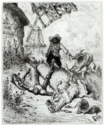 Don Quijote og vindmøllene, fra «Don Quijote de la Mancha» av Miguel Cervantes (1547-1616), gravert av Héliodore Joseph Pisan (1822-90)