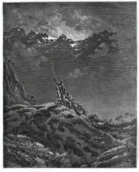 Don Quixote goes on mission for Dorothee, accompanied by Sancho Panza, barber, Dorothee, cure and Cardenio - from “Don Quixote de la Mancha” by Miguel Cervantes (1547-1616) (Don Quixote) - Woodcut after drawing by Gustave Dore