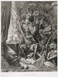 Don Quijote i biblioteket hans, gravert av Heliodore Joseph Pisan (1822-90) ca. 1868