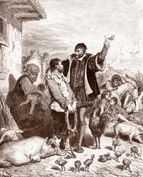 Don Quijote overtaler naboen Sancho Panza til å bli hans godseier ved å love å gjøre ham til guvernør på en erobret øy Gravering av Gustave Dore (1832-1883) for «L'Ingenieux Hidalgo Don Quixote de la Mancha (Quixotte - Quixotte))» av Miguel de Ce