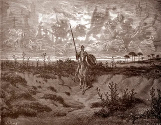 Don Quixote legger ut på eventyrene sine Gravering av Gustave Dore (1832-1883) for «L'Ingenieux Hidalgo Don Quixotte de la Manche (Quixotte - Quijote)» av Miguel de Cervantes (1547-1616) 1863 Privat samling