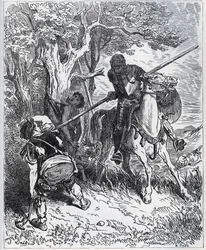 Don Quijote tar parti for den unge betjenten - "Ved solen som enlimer oss, jeg vet ikke hvem som hindrer meg i å føre bladet mitt gjennom kroppen" - fra "" Don Quixote de la Mancha"" av Miguel Cervantes (1547- 1616) (Don Quijote) - Tresnitt etter tegning a