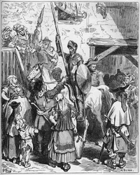 Don Quijote trodde han hadde nytte av gjestfriheten til en herre, nektet å betale hotelleieren - fra "Don Quixote de la Mancha" av Miguel Cervantes (1547-1616) (Don Quijote) - Tresnitt etter tegning av Gustave Dore