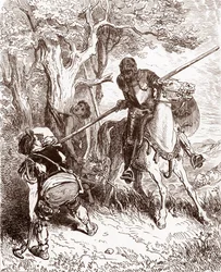Don Quijote truer bonden som fraktet gjetergutten Gravering av Gustave Dore (1832-1883) for "L'Ingenieux Hidalgo Don Quixote de la Manche (Quixotte - Quijote)" av Miguel de Cervantes (1547-1616) 1863 Privat samling