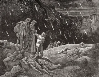 Gravering av Gustave Dore 1832–1883, fransk kunstner og illustratør for Inferno av Dante Alighieri, Canto XV linje 28 og 29