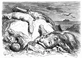 Gravering av Gustave Dore rundt 1850: fremkalling av en apokalyptisk syndflod som kombinerer bibelsk tradisjon (man kan se Noahs ark i det fjerne på havet) og begynnelsen på vitenskapelig kunnskap (forskjellige uhyrlige dyr mislyktes på fjellet, fortrinnsv