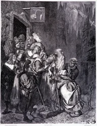 Gå inn i dette gjestgiveriet, plate IV - Illustrasjon av Gustave Dore (1832-1883), for La legende du Jeif wandering av Pierre Dupont, utgave Librairie du magasin picturesque, Paris 1862
