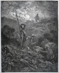Første tilsynekomst av Deguenille-de-la-Malaise-gruven - fra "" Don Quixote de la Mancha"" av Miguel Cervantes (1547-1616) (Don Quixote) - Tresnitt etter tegning av Gustave Dore