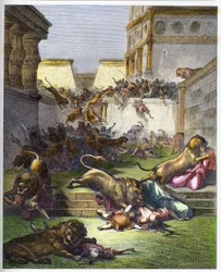 Foreigners devoured by lions in Samaria - Old Testament. People devoured by lions in Samaria - engraving in “The Bible illustree” by Gustave Dore (1832-1883) - Engraving from “” The Dore Bible””