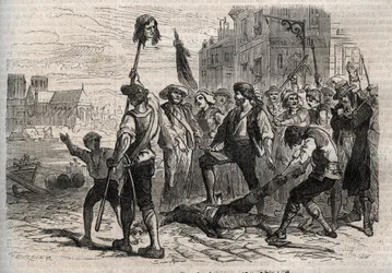 Fransk revolusjon: Død av Jacques de Flesselles, grev av Bregy (1730-1789), fransk administrator, prevot des marchands sur les degres de l'hotel de ville i Paris 14. juli 1789 - Dødsfallet til Jacques de Fleselles, prost for kjøpmenn i Paris