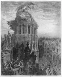 Gargantua på tårnene til Notre-Dame i Paris, illustrasjon fra «Gargantua» av François Rabelais (1494-1553), gravert av Pannemaker