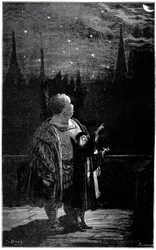 Gargantuas utdannelse: om natten, sammen med en astronom, observerer den unge kjempen stjerner, stjerner og kometer på nattehimmelen. Gravering av Gustave Dore som illustrerer Rabelais#39; verk.