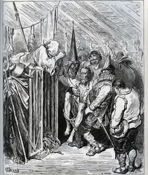 Hvordan bli kvitt Don Quijote. Folket i hotellbutikken bestemte seg for å låse ham inne ved å få ham til å tro på en ny fortryllelse og en ny ridderlig test - fra «Don Quixote de la Mancha» av Miguel Cervantes (1547-1616) (Don Quixote) - Tresnitt etter teg