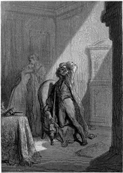Illustrasjon av Gustave Dore (1832–1883) til Edgar Allan Poes novelle «Ravnen». Denne serien ble fullført av Dore i 1883, året han døde, og er derfor et av hans nyeste verker –