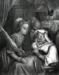 Illustrasjon av Gustave Dore til en fortelling av Charles Perrault: Tornerose. Prinsessen skal stikke seg selv i slyngelen til en gammel kvinne som løper vekk i spindelen.