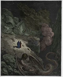 Inferno, sang 17: Geryon, symbol på bedrag, illustrasjon fra «Den guddommelige komedie» av Dante Alighieri, 1885