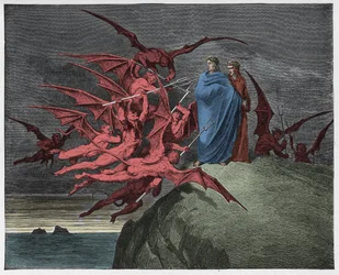 Inferno, sang 21: demonene truer Vergil, illustrasjon fra «Den guddommelige komedie» av Dante Alighieri, 1885
