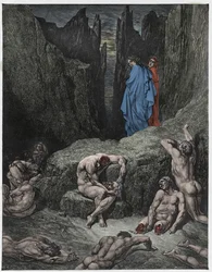 Inferno, sang 29: Vergil refser Dantes nysgjerrighet, illustrasjon fra «Den guddommelige komedie» av Dante Alighieri, 1885