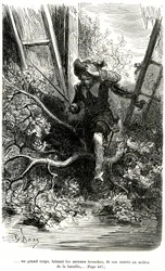 Jacquemin Lampourde, med geværet i hånden, kom på et tidspunkt i slaget. Gravering av Gustave Dore som illustrerer den pikareske romanen om kappe og kårde av Théophile Gautier «Le capitaine Fracasse», utgave av Charpentier 1863.
