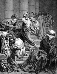 Jesus Kristus jager kjøpmennene i templet. Illustrasjon av Gustave Doré.