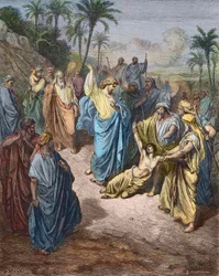 Jesus Kristus som kjemper mot en ung besatt av demonen - Jesus helbreder galningen - Fargegravering etter Gustave Dore.