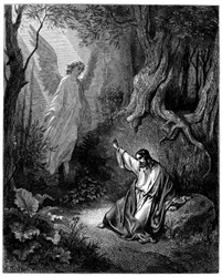 Jesus på Oljeberget: en engel viser seg for ham for å gi ham mot - Illustrasjon av Gustave Dore for Bibelen -