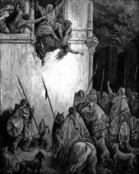Jezebel, fønikisk prinsesse og hustru til Israels kong Akab, blir kastet ut av vinduet på Jehus ordre, og kroppen hennes blir spist av hunder. 2. Kongebok 9,33. Fra Gustave Dorés illustrerte bibel fra 1866. Trestikk