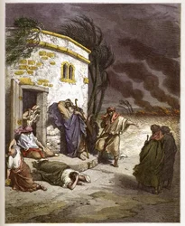 Job hearing of his ruin - Job learant sa ruine - - engraving in “The Bible illustree” by Gustave Dore (1832-1883) - Engraving from “” The Dore Bible””
