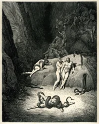 Helvete (Den guddommelige komedie) av Dante Alighieri illustrert av Gustave Dore. Hachette-utgave 1861. Fransk oversettelse av Pier-Angelo Fiorentino. De to andre så på ham og ropte hver især: Å, Anel, hvor du forandrer deg! (De to andre så på ham og ...)