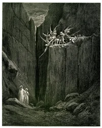 Helvete (Den guddommelige komedie) av Dante Alighieri illustrert av Gustave Dore. Hachette-utgave 1861. Fransk oversettelse av Pier-Angelo Fiorentino. Dante og Virgile står ansikt til ansikt med demonene: Knapt hadde føttene nådd sengen - Fra bunnen og ned
