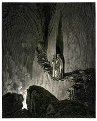 Helvete (Den guddommelige komedie) av Dante Alighieri, illustrert av Gustave Doré. Hachette-utgave 1861. Fransk oversettelse ved Pier-Angelo Fiorentino. Og Føreren, som så meg så oppmerksom, sa: «I ildene er åndene; hver svøper seg i det som»
