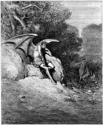 Lucifer (Satan, fallen engel, falt fra himmelen til jorden), fremstilt mens han forfører Adam og Eva. Illustrasjon av Gustave Doré til «Det tapte paradis» av John Milton (1608-1674). Gravering fra 1866. Privat samling