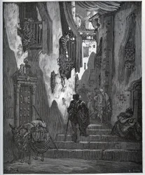 Luscinde sender en billett til Cardenio - fra "Don Quixote de la Mancha" av Miguel Cervantes (1547-1616) (Don Quixote) - Tresnitt etter tegning av Gustave Dore