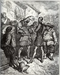 Maese Pedro og den spådomsape - fra "Don Quixote de la Mancha" av Miguel Cervantes (1547-1616) (Don Quixote) - Tresnitt etter tegning av Gustave Dore