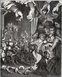 Maese Pedros dukketeater - fra «Don Quixote de la Mancha» av Miguel Cervantes (1547-1616) (Don Quixote) - Tresnitt etter tegning av Gustave Dore