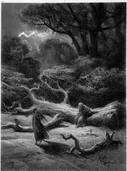 Merlin og Viviane i Brocéliande-skogen (syklusen om ridderne av Det runde bord) - i «Viviane» av Alfred Tennyson, illustrasjon av G. Doré