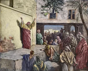 Micah the Moreshite-profeten forkynner for israelittene, gravering av Gustave Dore - "Profeten Michee formaner Israels folk til å omvende seg"" Gravering fra 