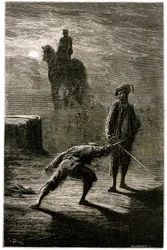 Nattlig duell i måneskinnet mellom Baron de Sigognac og Jacquemin Lampourde, under rytterstatuen av bronsekongen. Gravering av Gustave Dore som illustrerer Théophile Gautiers roman «Le capitaine Fracasse», utgave av Charpentier 1863.