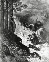 Orlando kjemper mot orken, fra The Frenzy of Orlando, av Paul Gustave Dore, illustrasjon