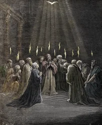 Pinse, Den hellige ånds nedstigning over apostlene og andre tilhengere av Jesus Kristus. Stikk av Gustave Doré (1832-1883) fra «La Bible». Privat samling